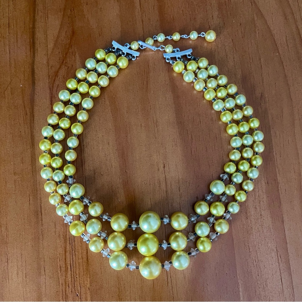 BOGO Vintage Japanese Faux Pearl Pale Yellow Three Strand Necklace 50s or 60s